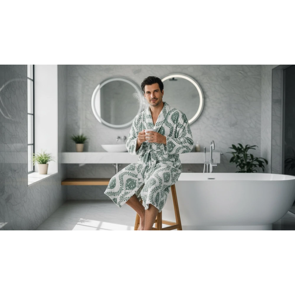 Premium Waffle Cotton Men's Block Print Bathrobe (Free Size)