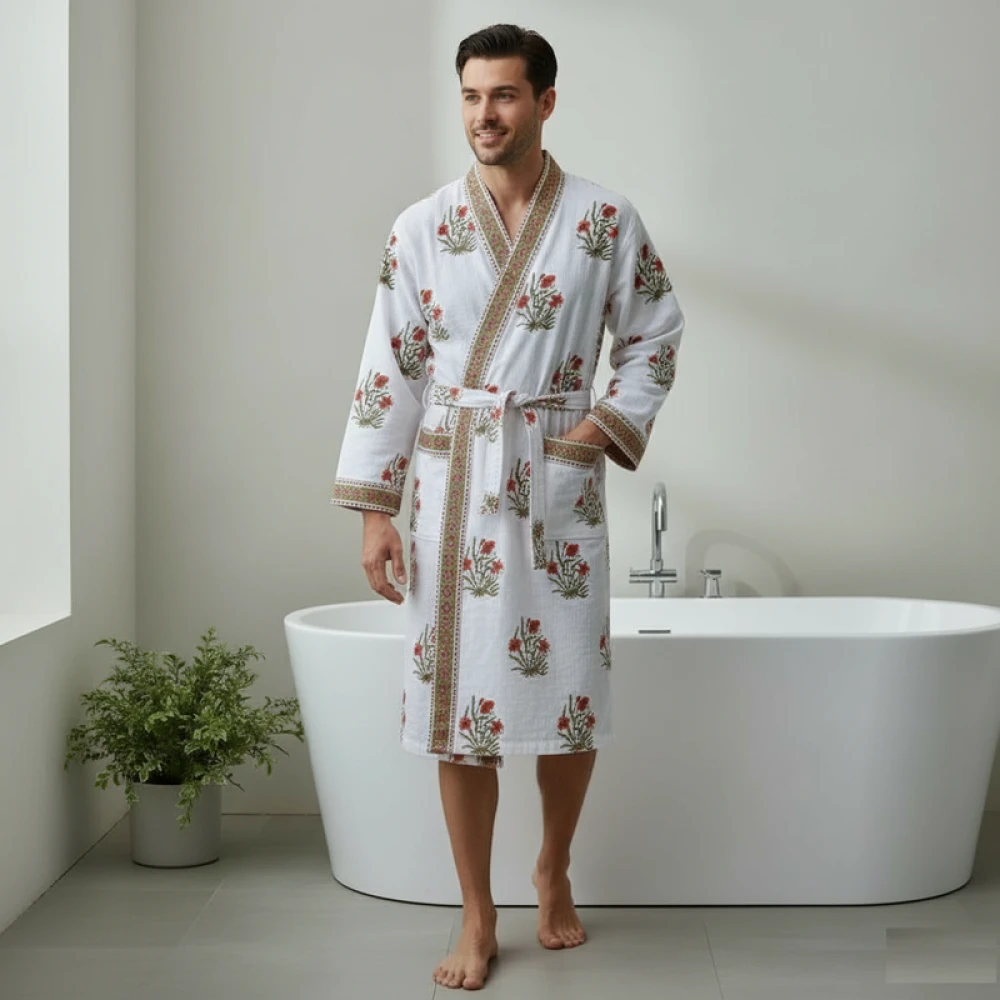 Handcrafted Waffle Cotton Men's Bathrobe with Block Print (Free Size)