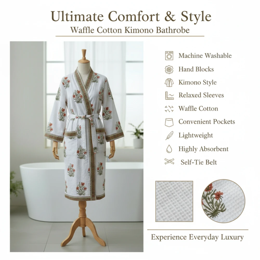 Handcrafted Waffle Cotton Men's Bathrobe with Block Print (Free Size)