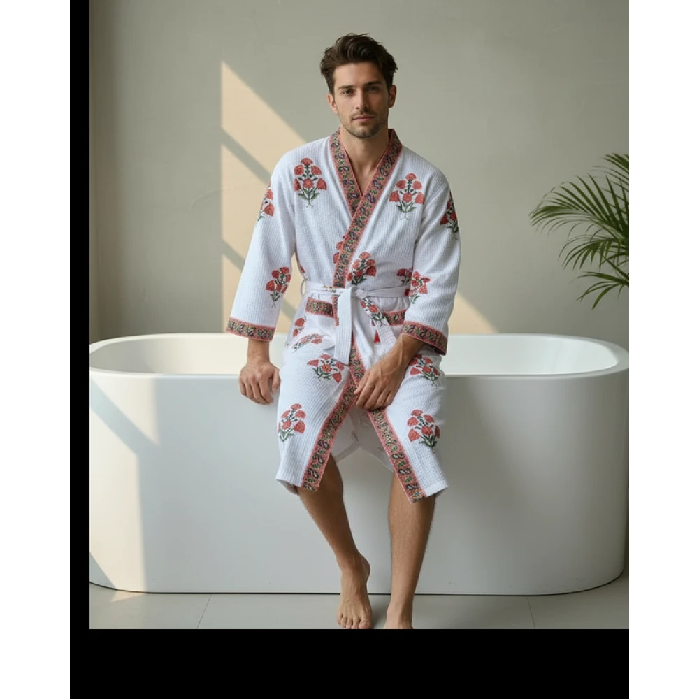 Absorbent Waffle Cotton Unisex Printed Bathrobe (Free Size)