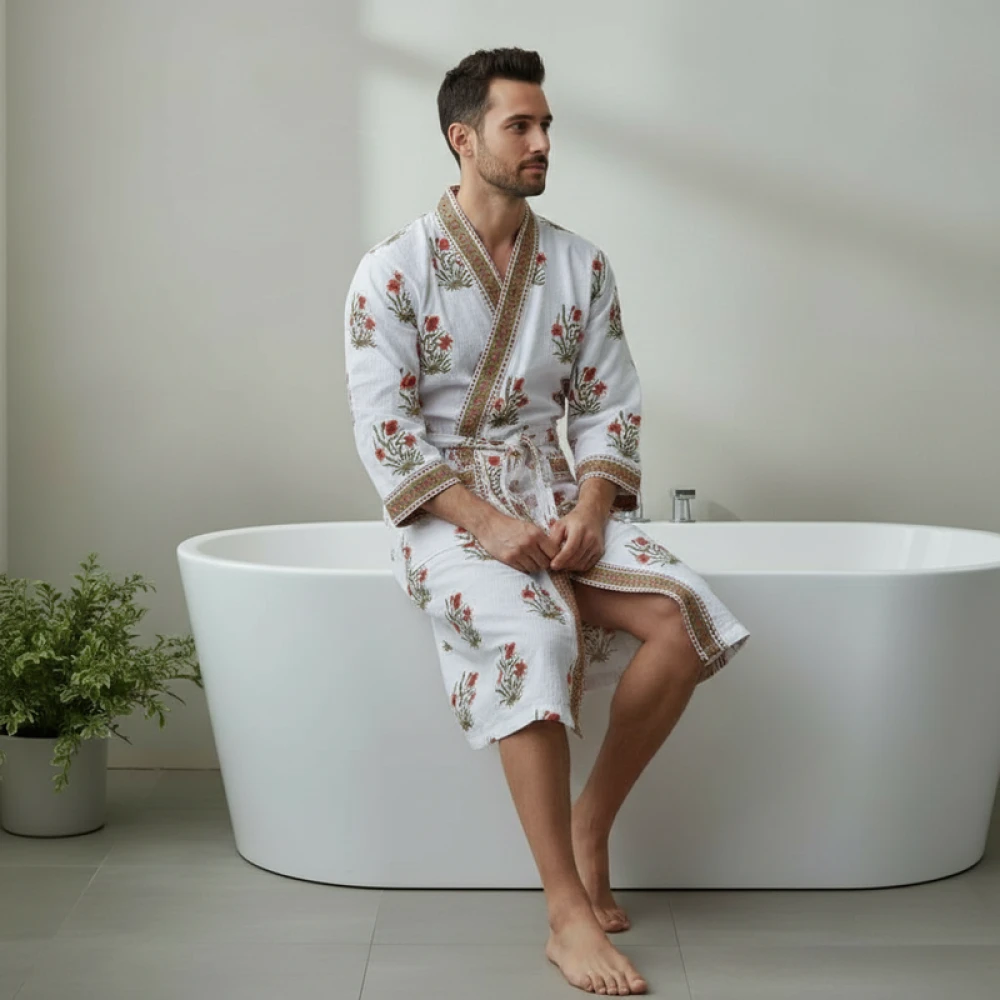 Handcrafted Waffle Cotton Men's Bathrobe with Block Print (Free Size)