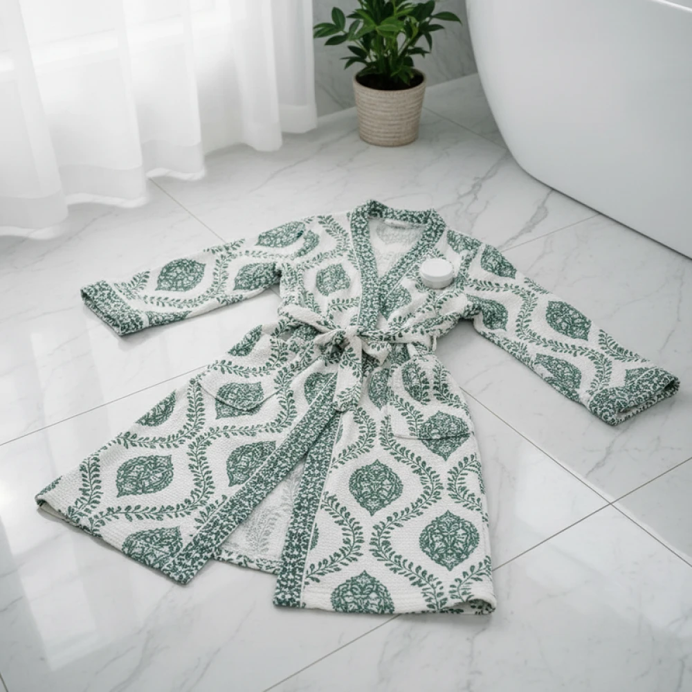 Premium Waffle Cotton Unisex Block Print Bathrobe (Free Size)