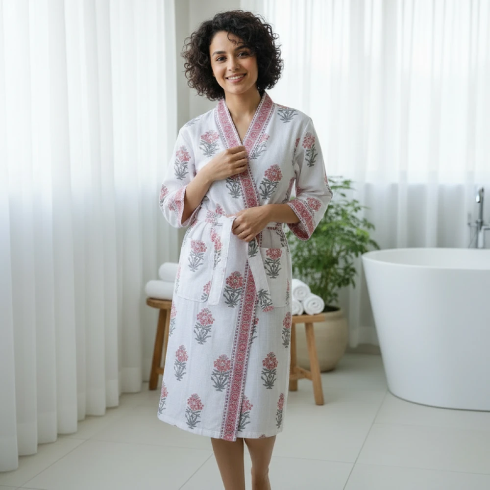Lightweight Waffle Cotton Women's Block Printed Bathrobe (Free Size)