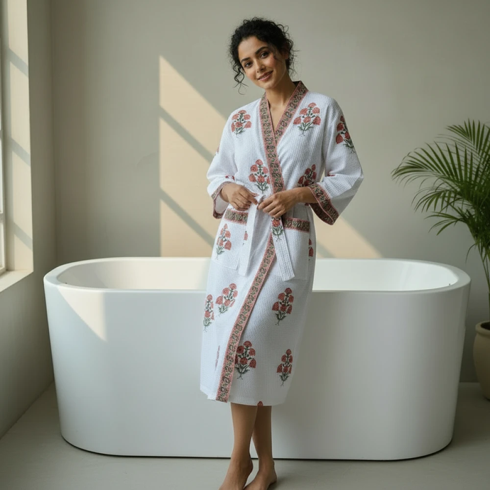 Absorbent Waffle Cotton Women's Printed Bathrobe (Free Size)