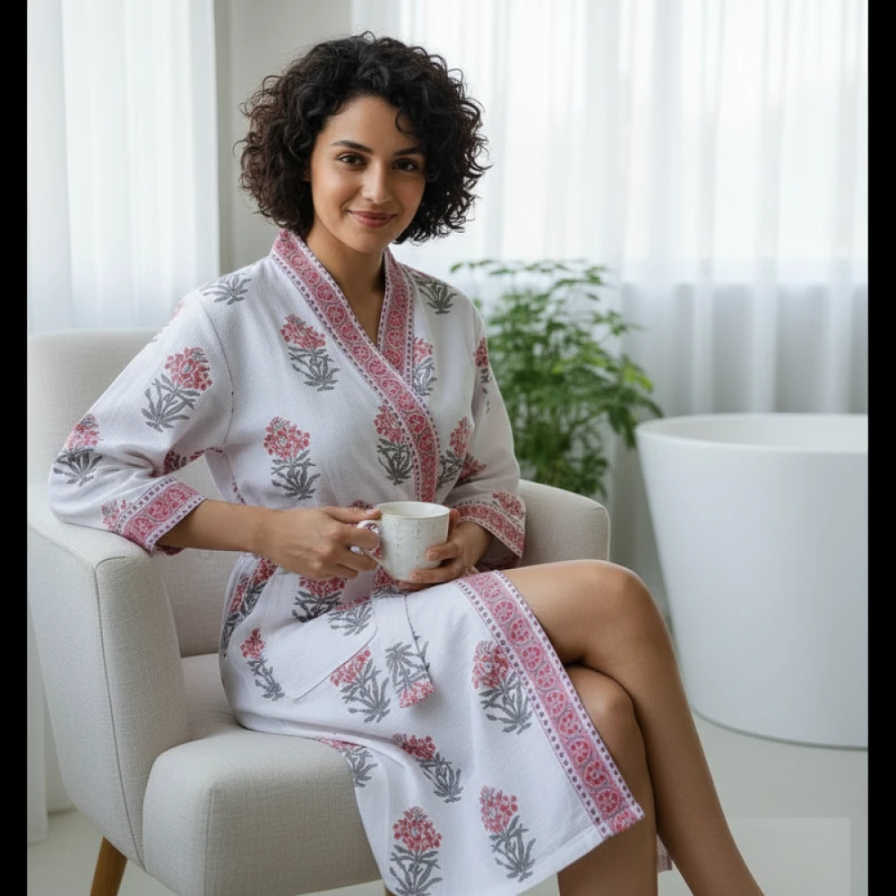 Lightweight Waffle Cotton Women's Block Printed Bathrobe (Free Size)
