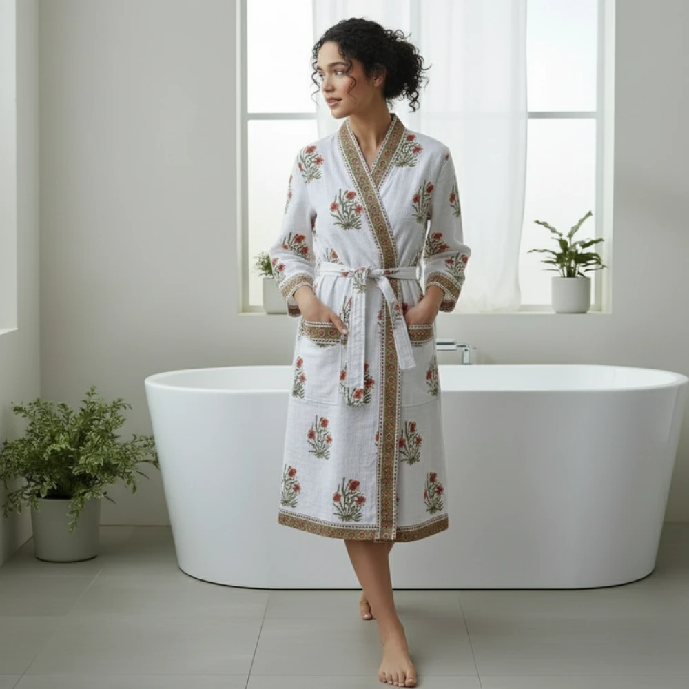Handcrafted Waffle Cotton Women's Bathrobe with Block Print (Free Size)