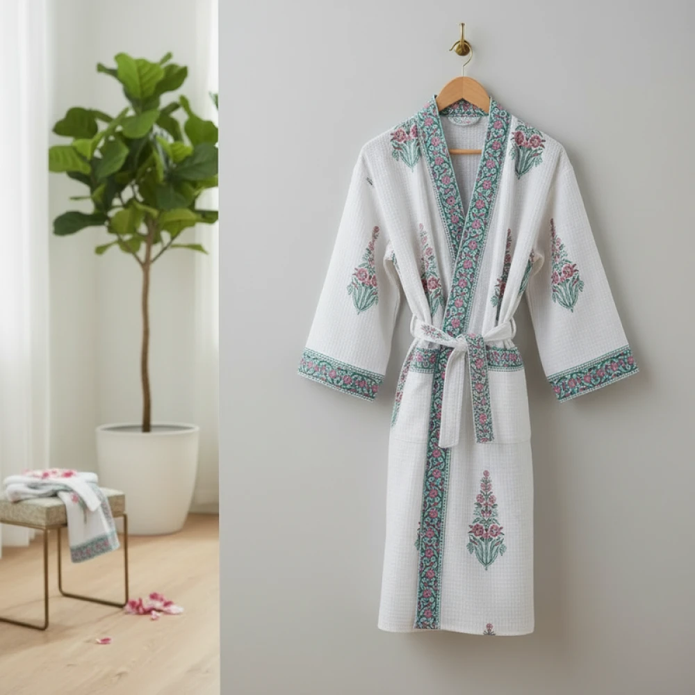 Waffle Weave Cotton Unisex Block Print Bathrobe (Free Size)