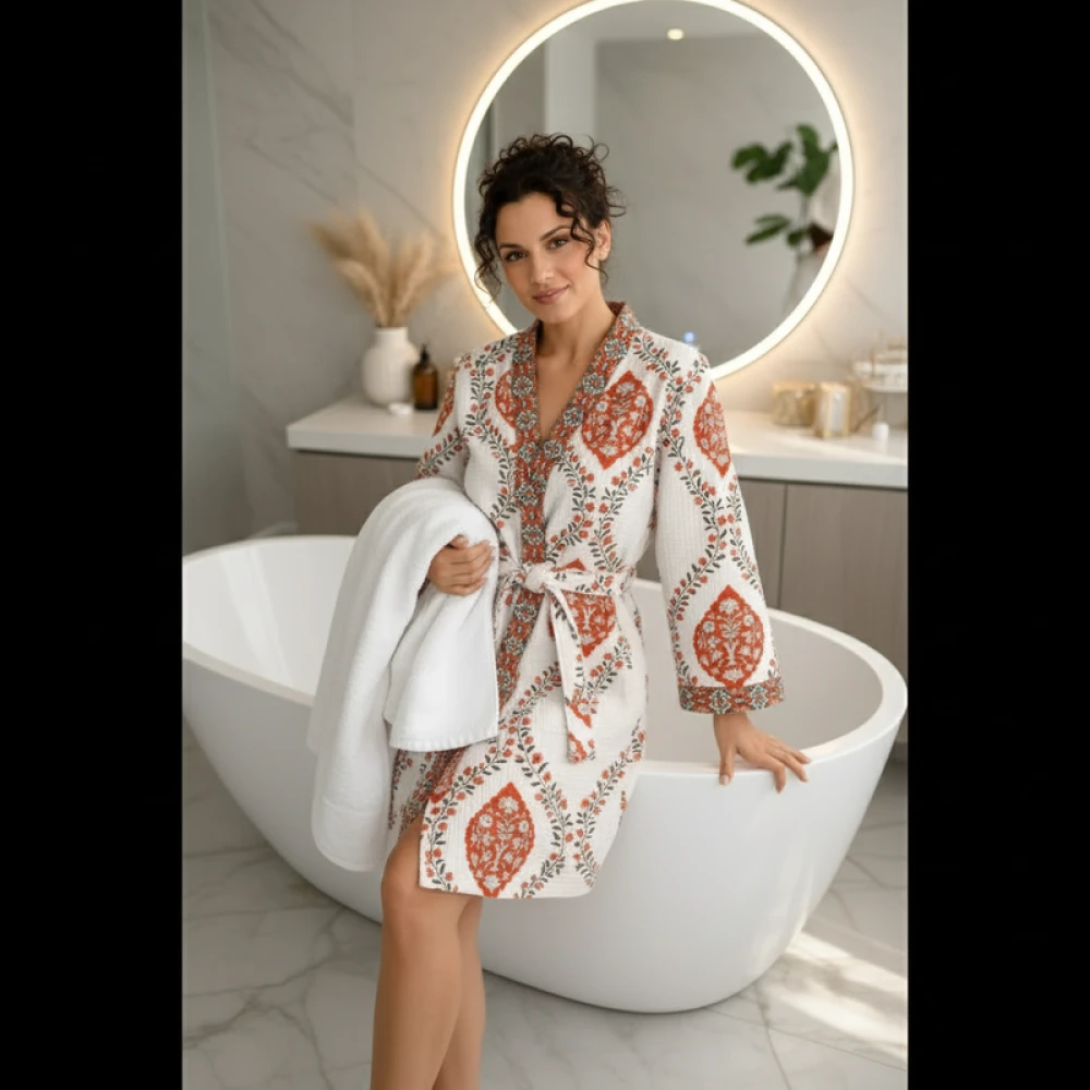 Soft Waffle Cotton Women's Spa Block Print Bathrobe (Free Size)