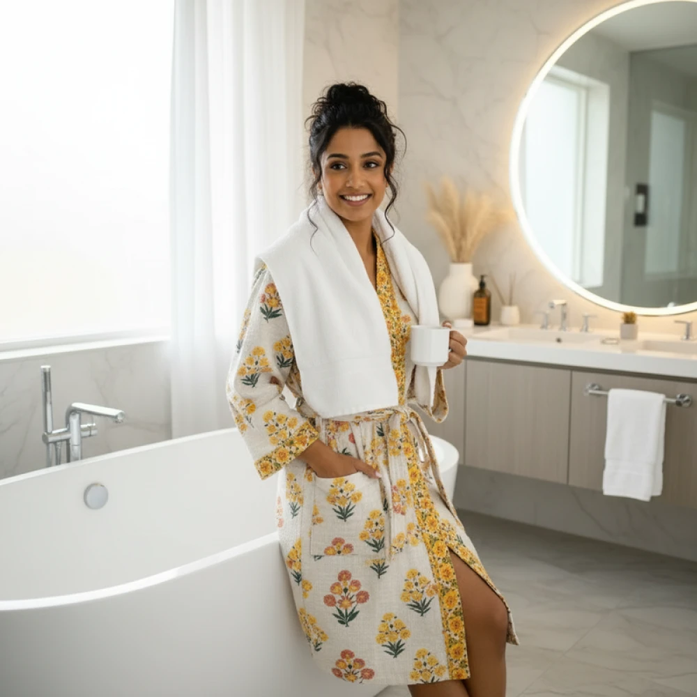 Waffle Cotton Women's Hand Block Print Bathrobe (Free Size)