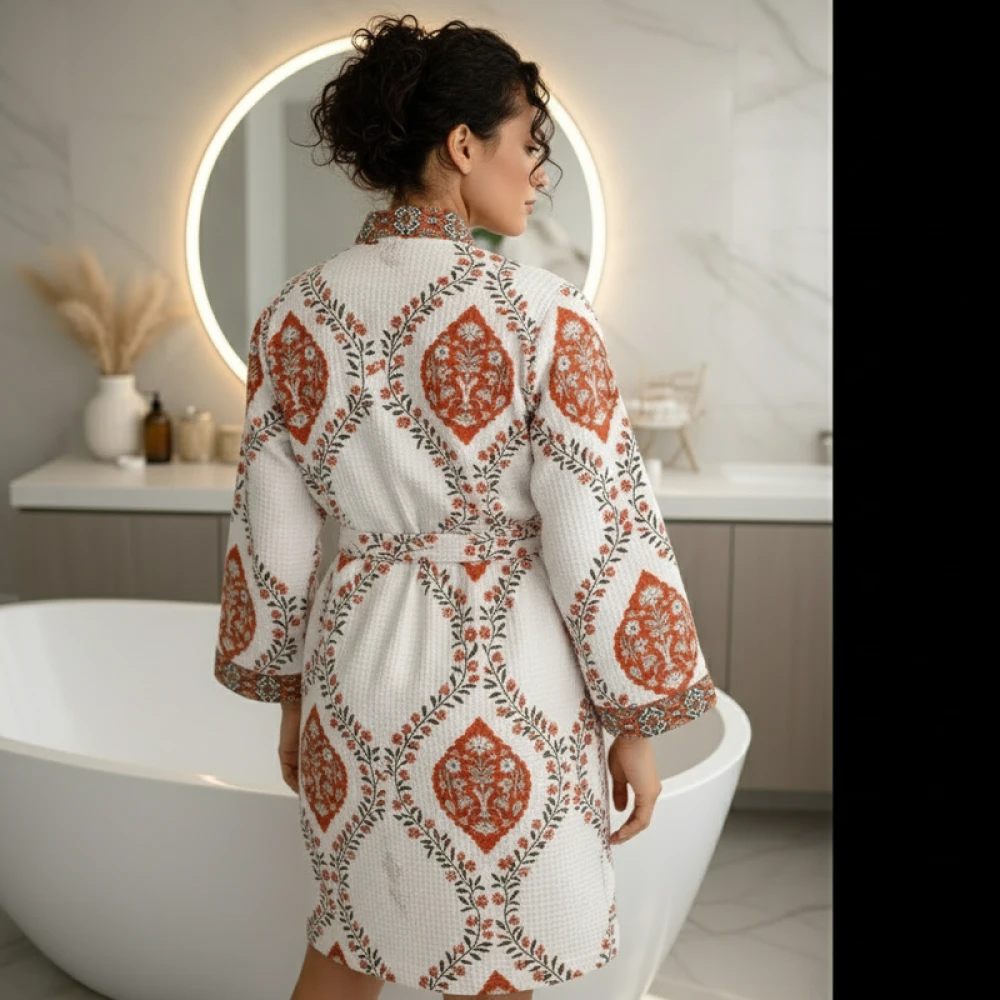 Soft Waffle Cotton Women's Spa Block Print Bathrobe (Free Size)