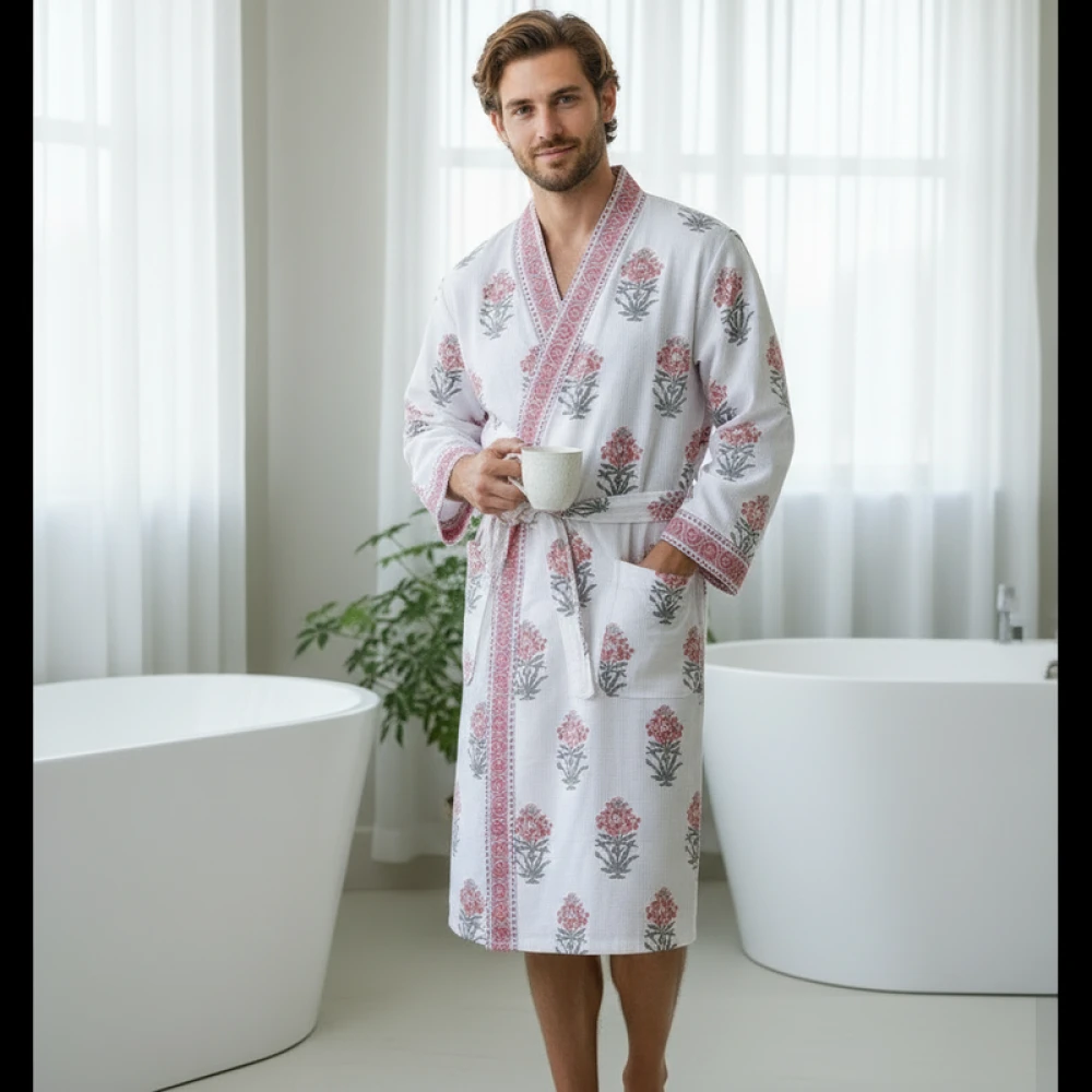 Lightweight Waffle Cotton Men's Block Printed Bathrobe (Free Size)