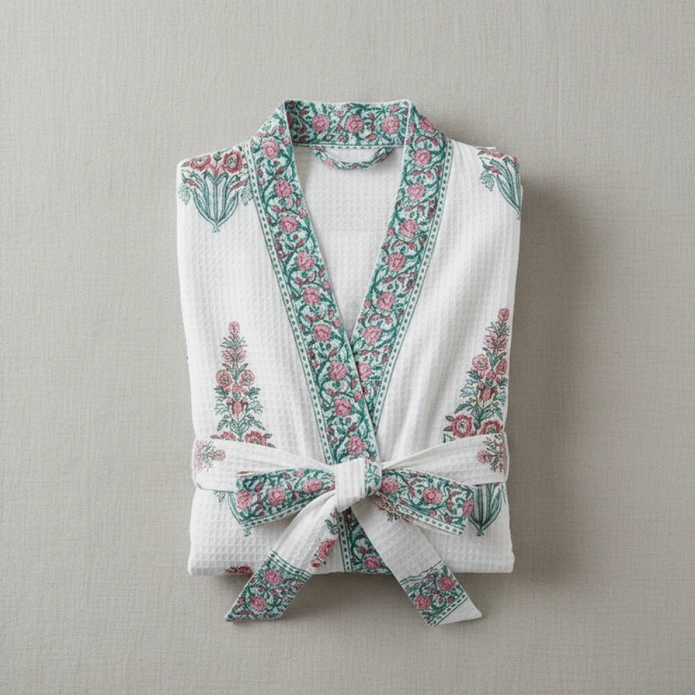 Waffle Weave Cotton Women's Block Print Bathrobe (Free Size)