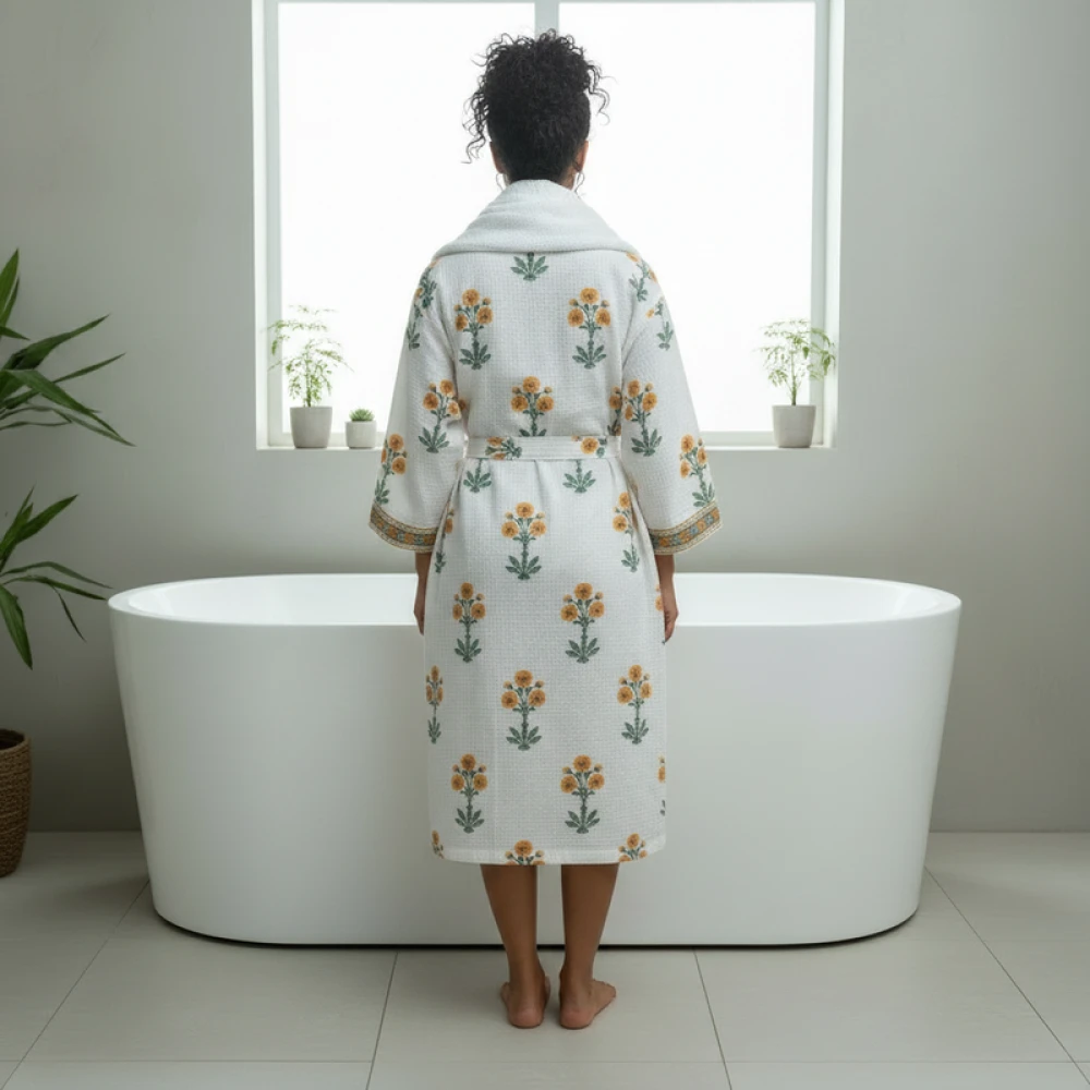 Comfort Fit Waffle Cotton Women's Block Print Bathrobe (Free Size)