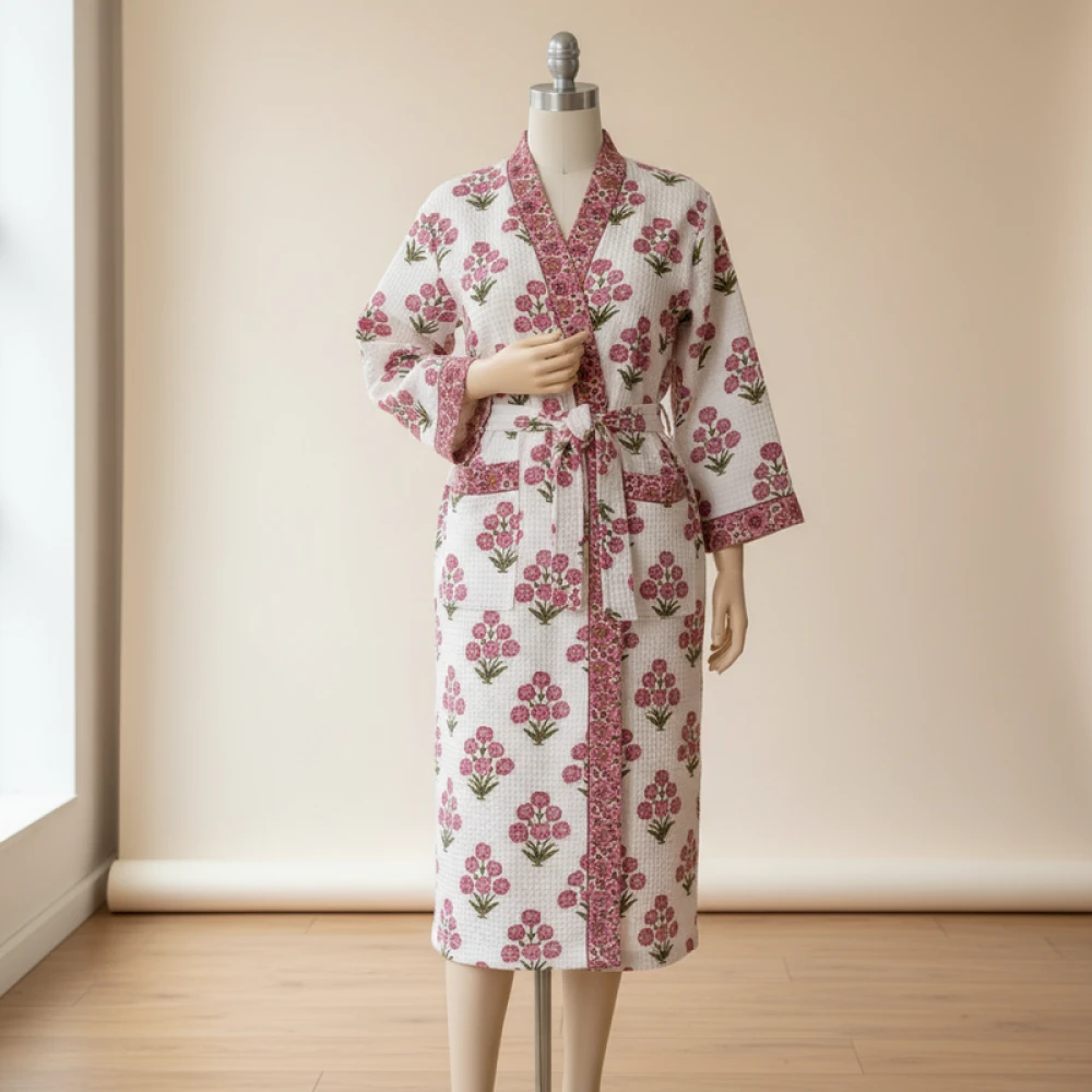 Unisex Waffle Cotton Printed Bathrobe with Block Print Design (Free Size)