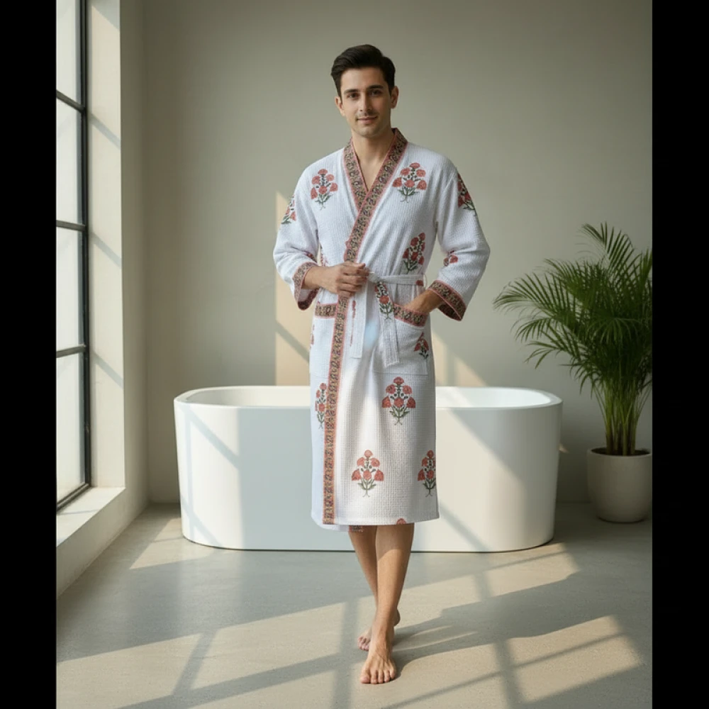 Absorbent Waffle Cotton Men's Printed Bathrobe (Free Size)