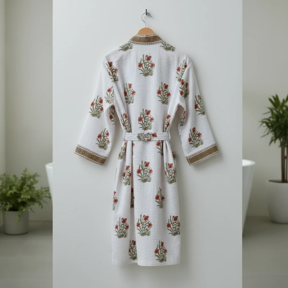 Handcrafted Waffle Cotton Unisex Bathrobe with Block Print (Free Size)