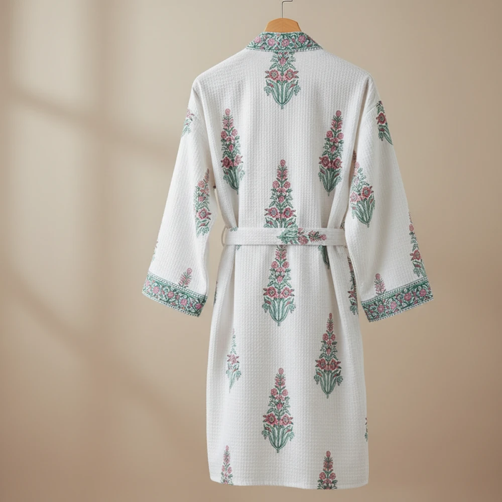 Waffle Weave Cotton Men's Block Print Bathrobe (Free Size)