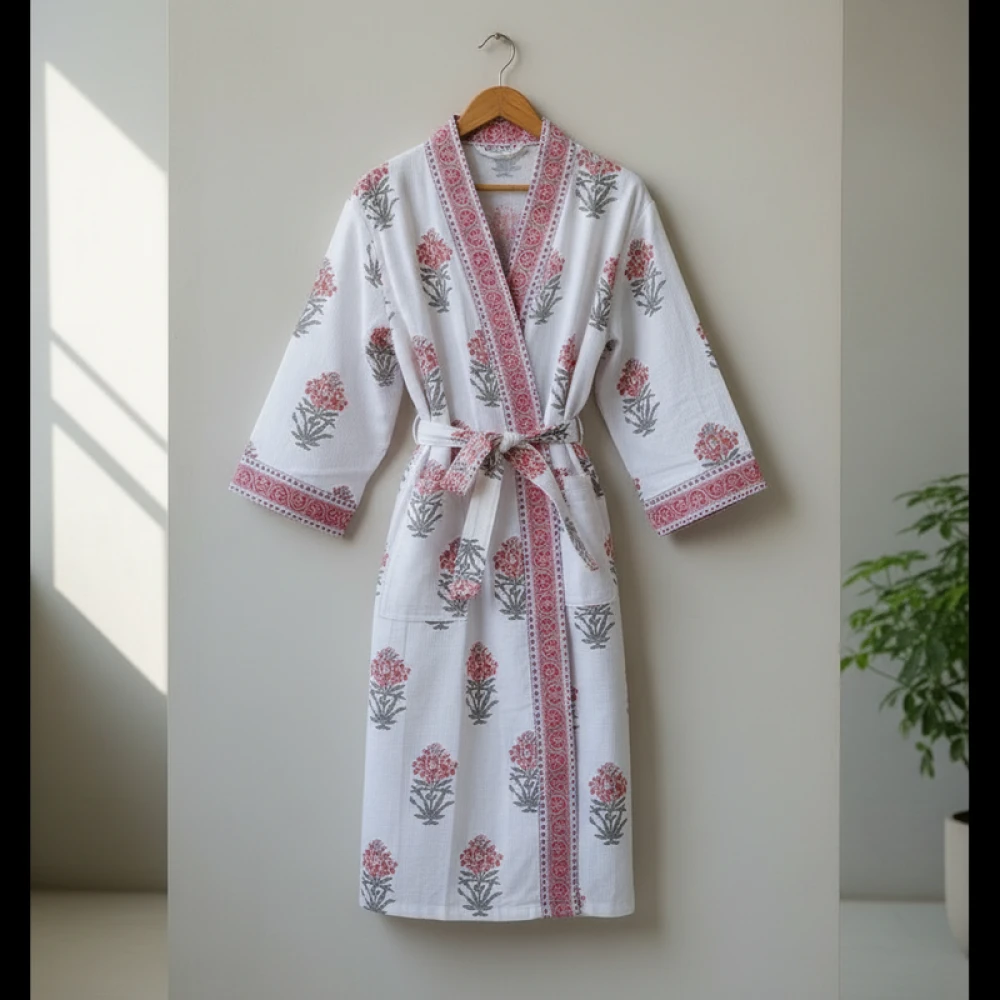Lightweight Waffle Cotton Unisex Block Printed Bathrobe (Free Size)