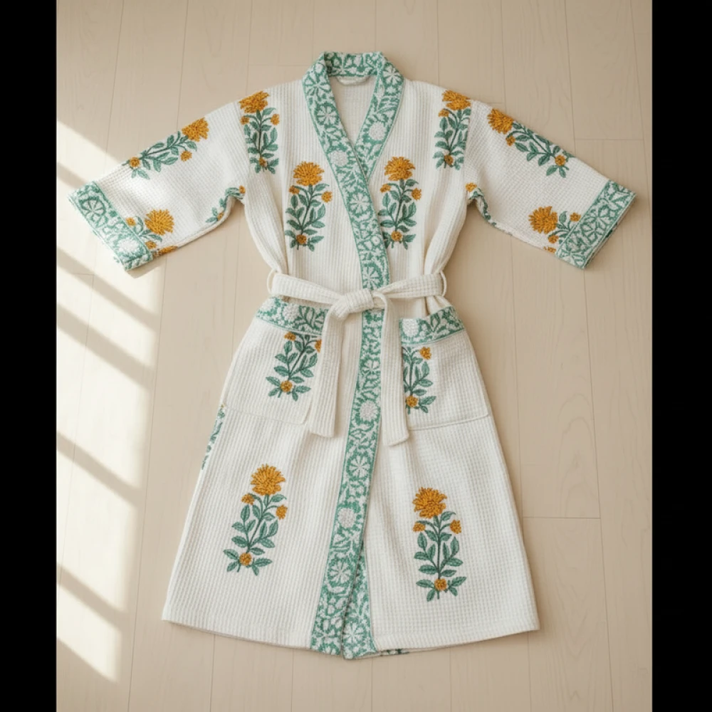Classic Waffle Cotton Men's Designer Block Print Bathrobe (Free Size)