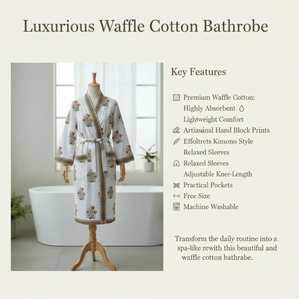 Handcrafted Waffle Cotton Women's Bathrobe with Block Print (Free Size)