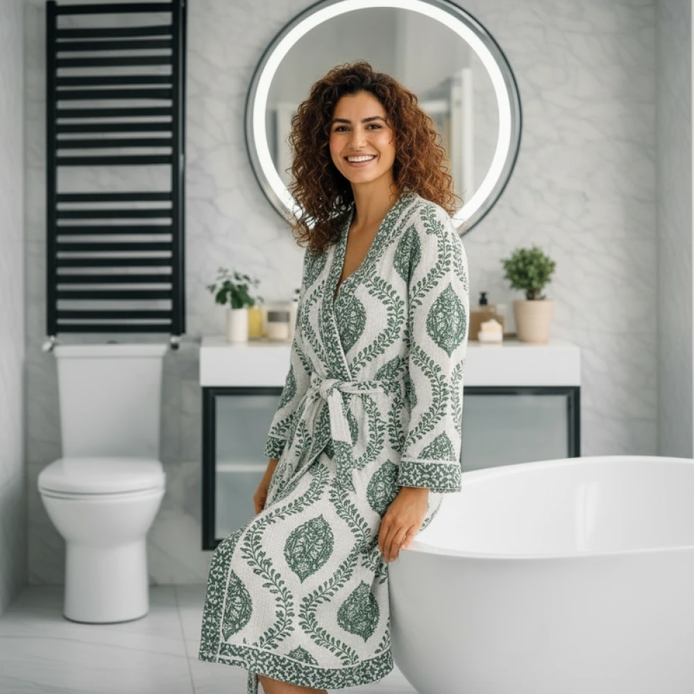 Premium Waffle Cotton Women's Block Print Bathrobe (Free Size)