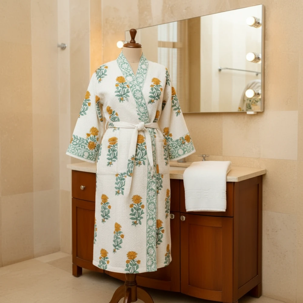 Classic Waffle Cotton Men's Designer Block Print Bathrobe (Free Size)
