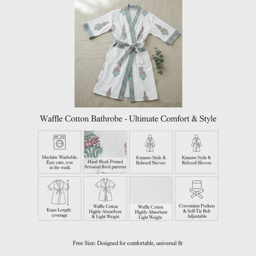 Waffle Weave Cotton Men's Block Print Bathrobe (Free Size)