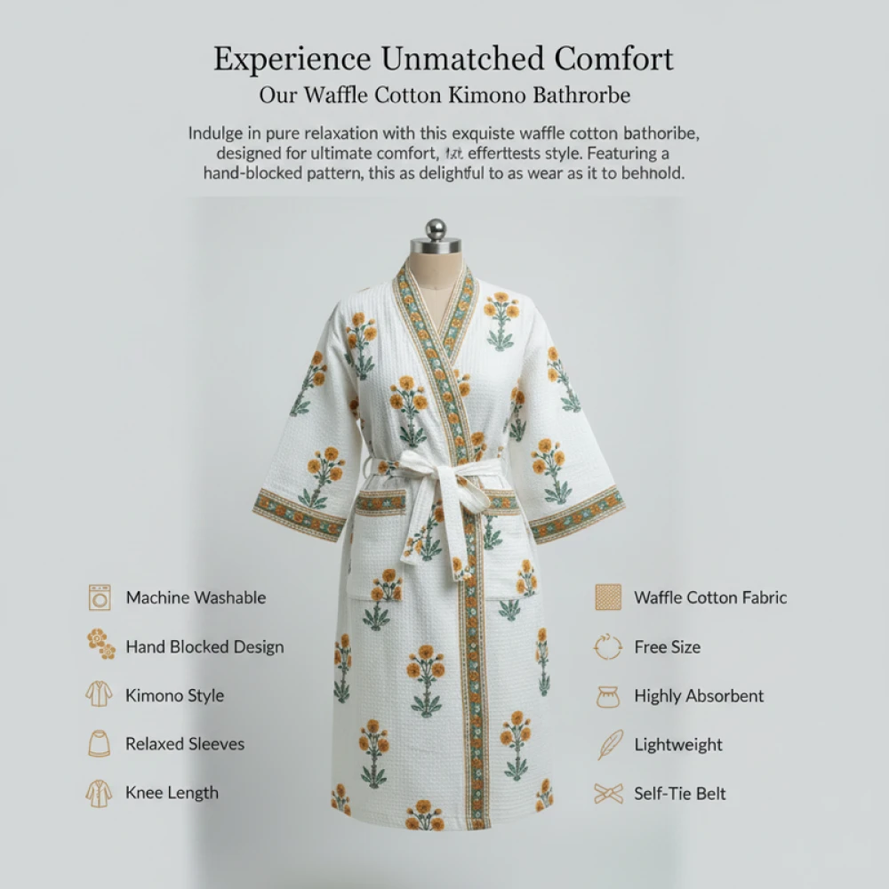 Comfort Fit Waffle Cotton Unisex Block Print Bathrobe (Free Size)