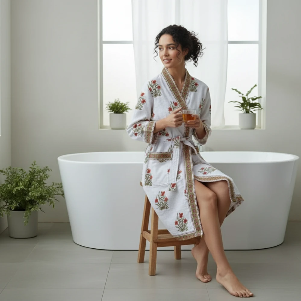 Handcrafted Waffle Cotton Women's Bathrobe with Block Print (Free Size)