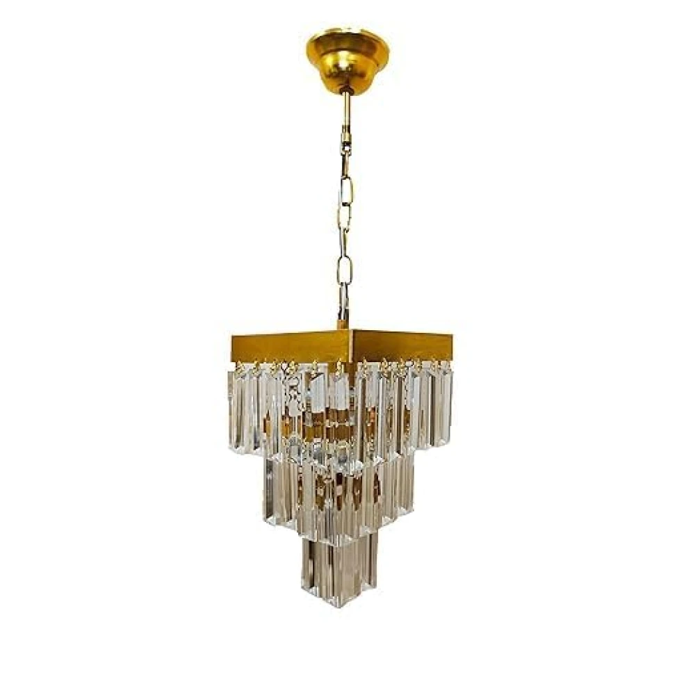 PRMOAGEN Square Shaped 9 Inches Modern Crystal Chandelier, Jhumar for Home Decoration, Chandelier for Hall/Balcony/Living Room/Bedroom, Ceiling Hanging Lights, Golden (Bulb Included)