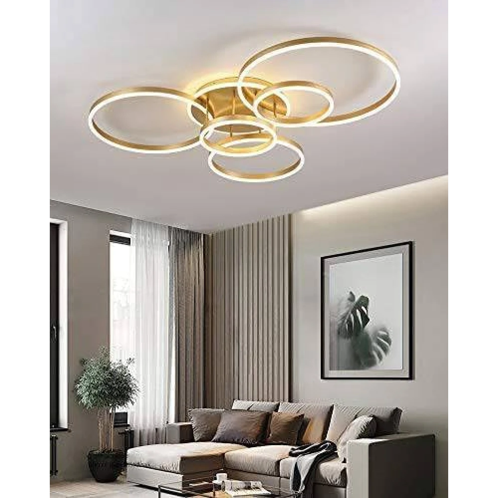 PRMOAGEN 5 Light Golden Body Modern LED Ring Chandelier for Dining Living Room Lamp - Warm White