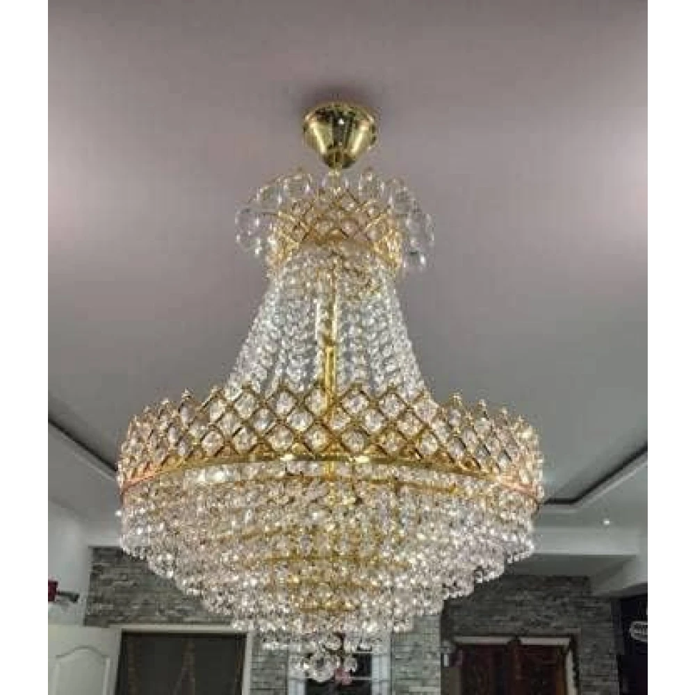 SHRI MAHAL ANTIQUES Round Crystal Chandelier Hanging Lamp (Gold) (480mm),Corded Electric