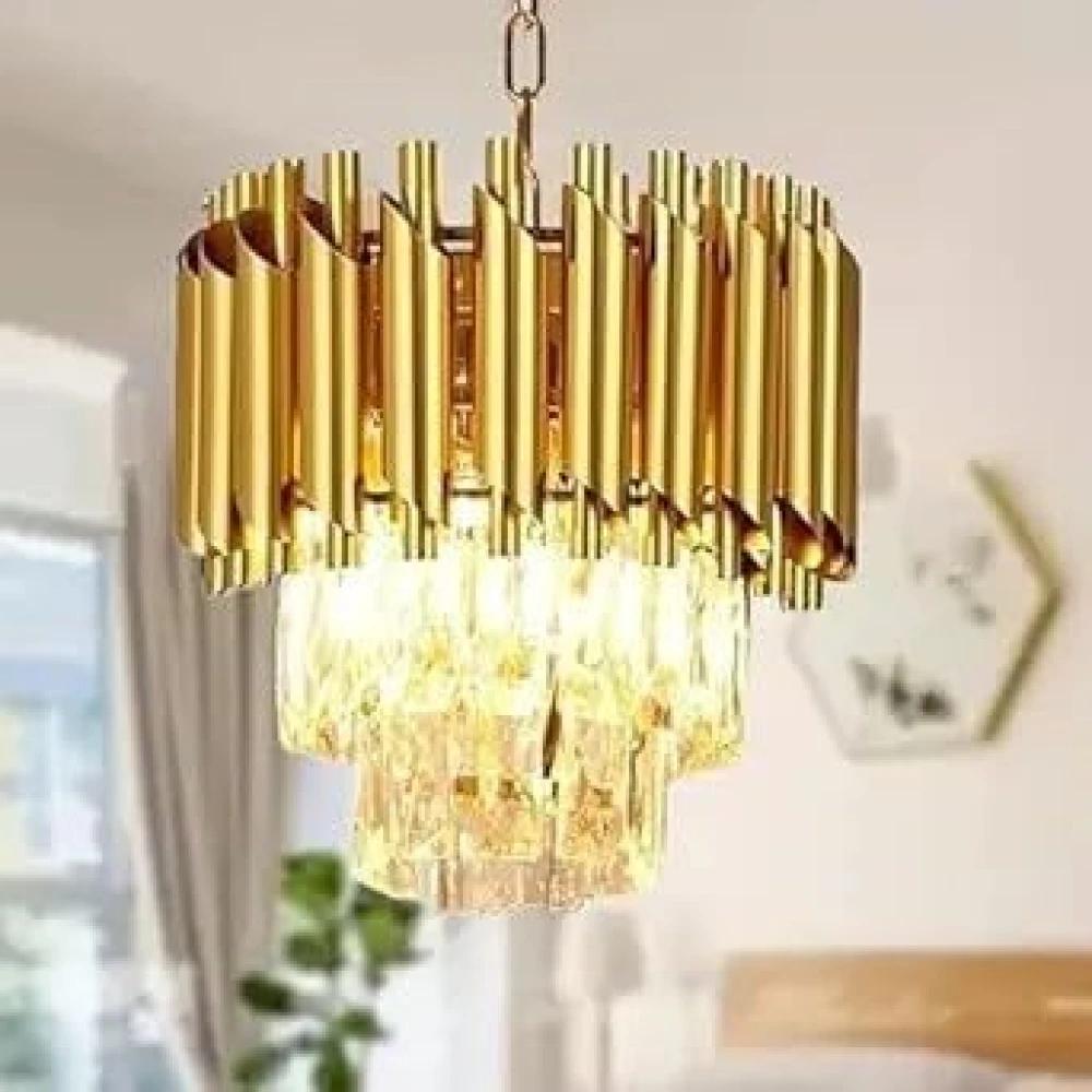 Crystal 3 Light (WW/WH/NW) Led Jhoomer Ceiling Lights Hanging for Living Room Chandelier Hanging Light for Dining Lights for Ceiling Chandelier for Home (Gold, 2-Tier, 300 MM, 12 Inch)