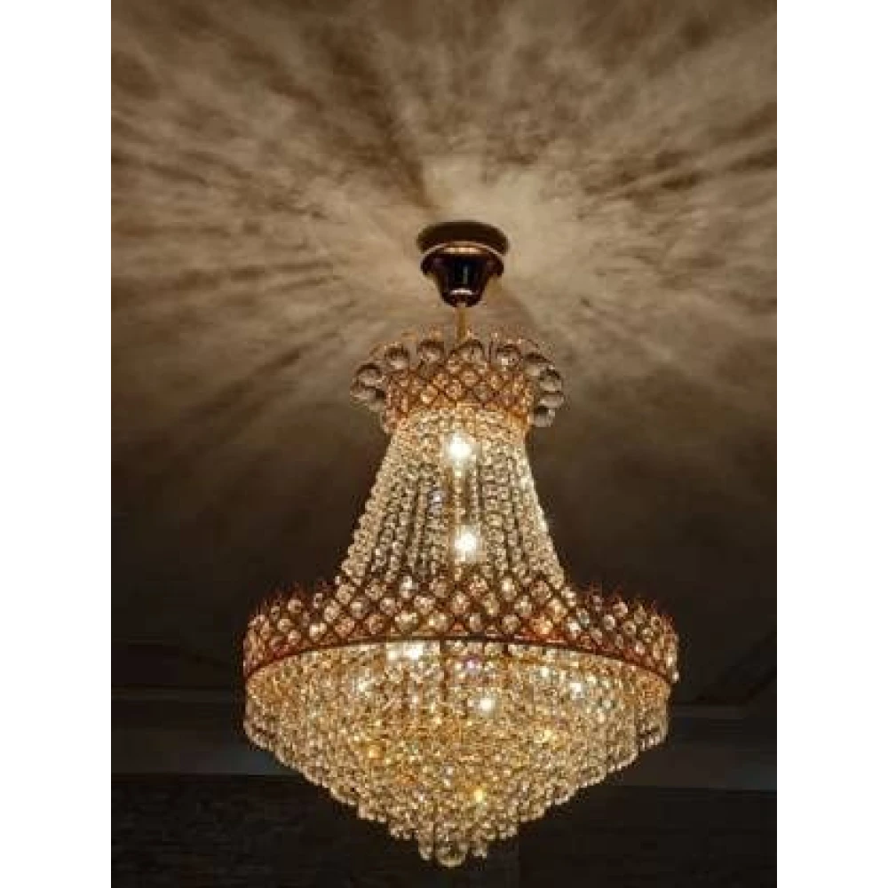 SHRI MAHAL ANTIQUES Round Crystal Chandelier Hanging Lamp (Gold) (480mm),Corded Electric