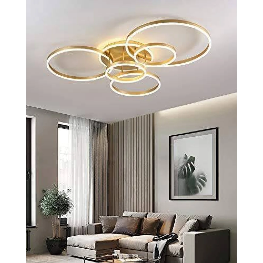 SHRI MAHAL ANTIQUES 5 Light Golden Body Modern LED Ring Chandelier for Dining Living Room Lamp - Warm White