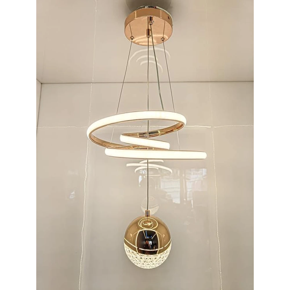 SHRI MAHAL ANTIQUES Modern LED Ceiling Pendant Light with Crystal Ball, Spiral Design Chandelier, Dimmable Hanging Lamp for Dining Room, Living Room, Bedroom, Hallway (Gold)