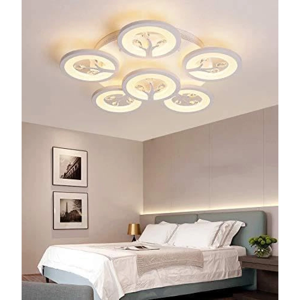 SHRI MAHAL ANTIQUES 6 Light 60-Watts White Crystal LED Chandelier Lamp - Round (5+1 Circle Warm) with Remote Control