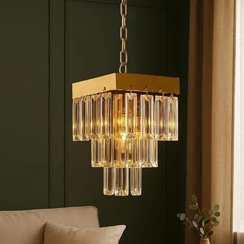 PRMOAGEN Square Shaped 9 Inches Modern Crystal Chandelier, Jhumar for Home Decoration, Chandelier for Hall/Balcony/Living Room/Bedroom, Ceiling Hanging Lights, Golden (Bulb Included)