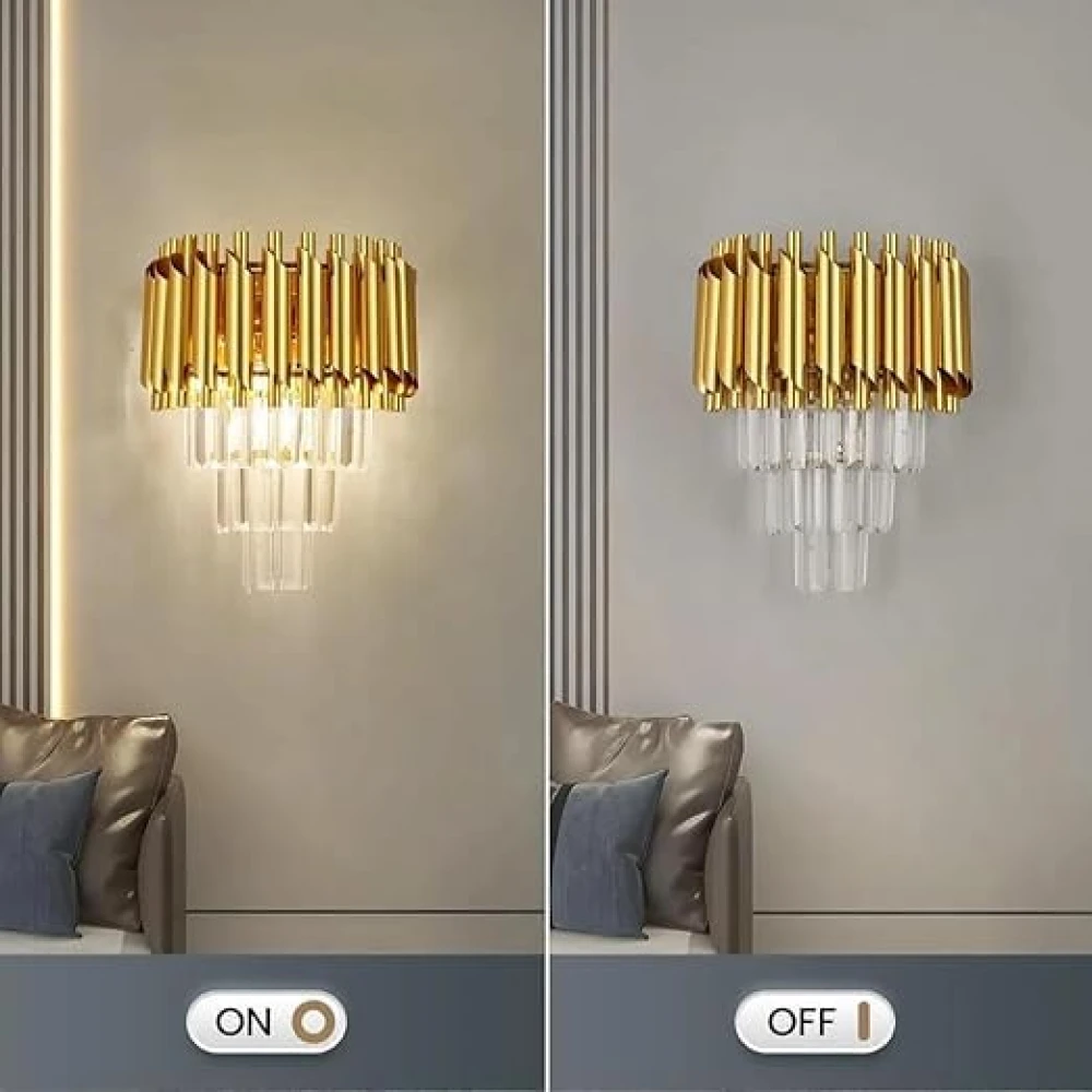 SHRI MAHAL ANTIQUES 3 Layer Gold Crystal Led Wall Lamp, Wall Lights for Living Room Modern, Fancy Lights, Antique Home Decor for Living Room, Wall Lights for Home Decoration.(Pack of 2)