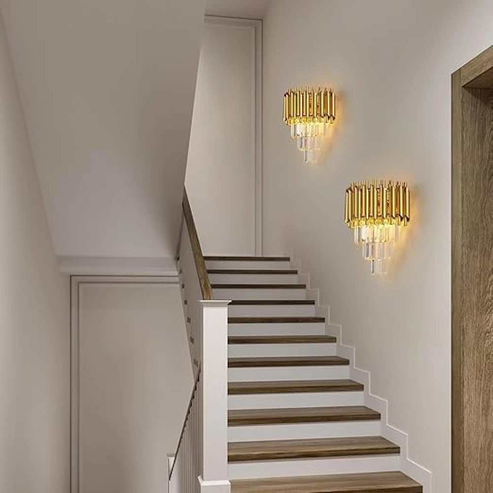 SHRI MAHAL ANTIQUES 3 Layer Gold Crystal Led Wall Lamp, Wall Lights for Living Room Modern, Fancy Lights, Antique Home Decor for Living Room, Wall Lights for Home Decoration.(Pack of 2)