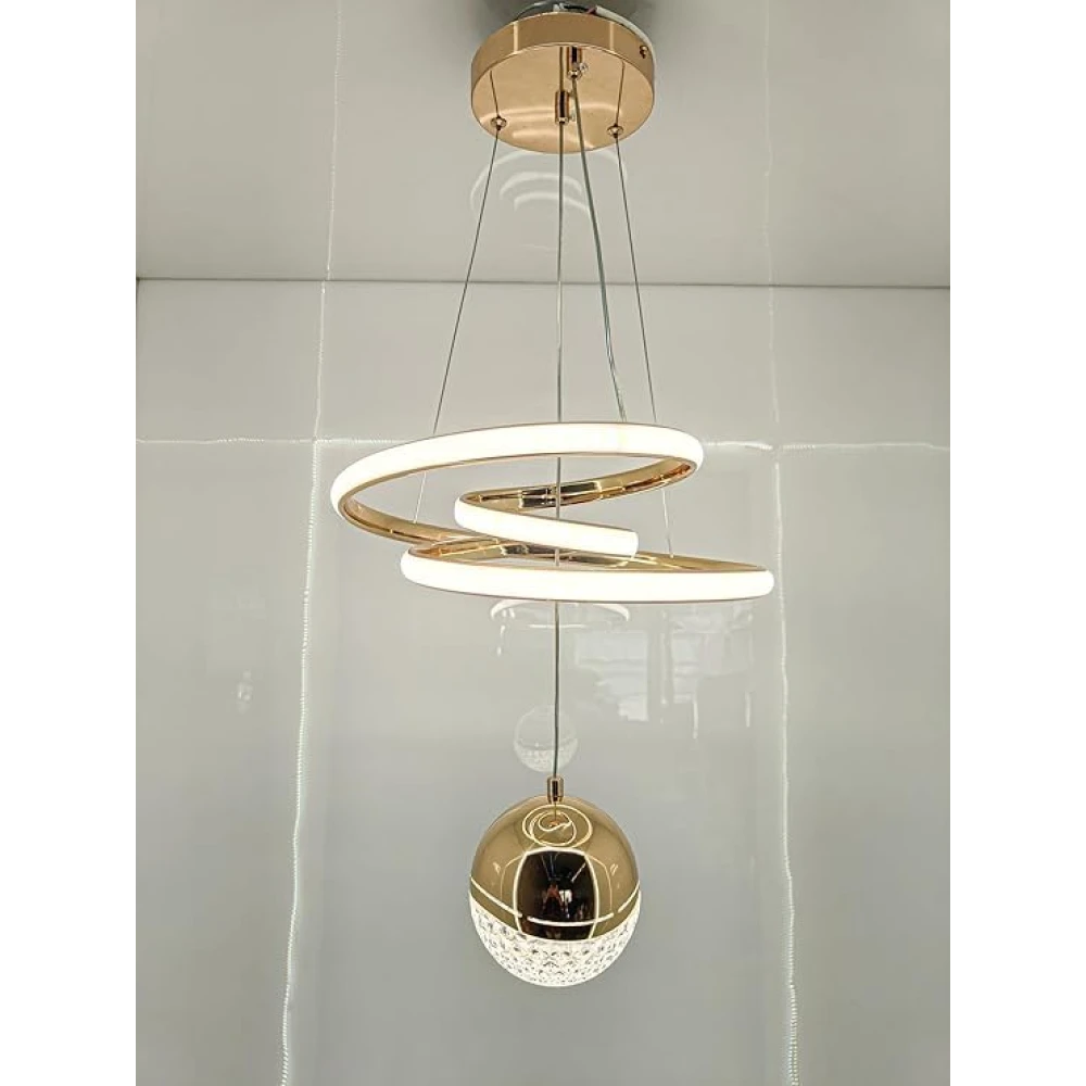 PRMOAGEN Modern LED Ceiling Pendant Light with Crystal Ball, Spiral Design Chandelier, Dimmable Hanging Lamp for Dining Room, Living Room, Bedroom, Hallway (Gold)
