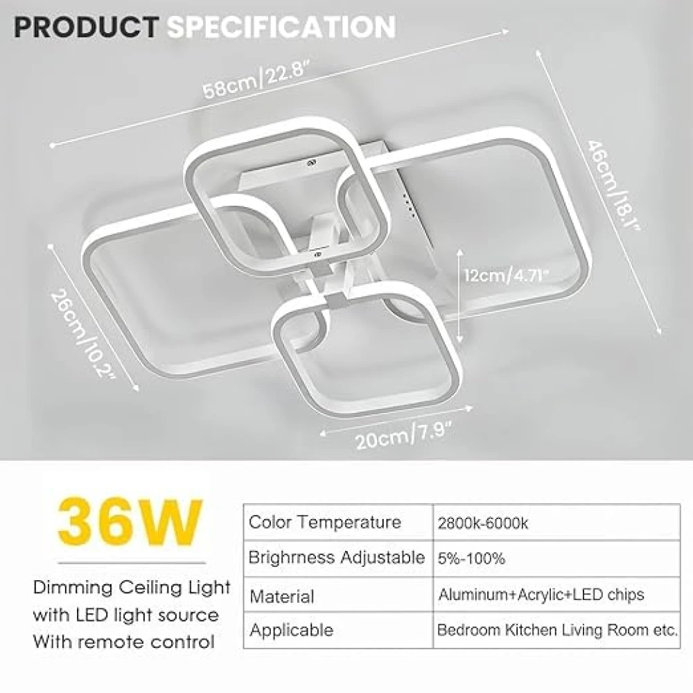 PRMOAGEN LED Ceiling Light with Remote Control, White Acrylic Modern 3-Color Ceiling Light Flush Mount for Living Room, Bedroom, 58x45x12cm