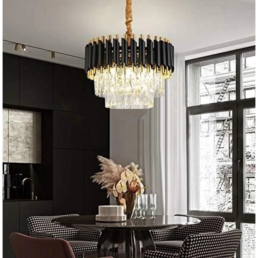 SHRI MAHAL ANTIQUES 300 MM Crystal Big Size Jhumar Ceiling Light for Living Room/Hall/Bed Room Chandelier Ceiling Lamp (Gold, Black)