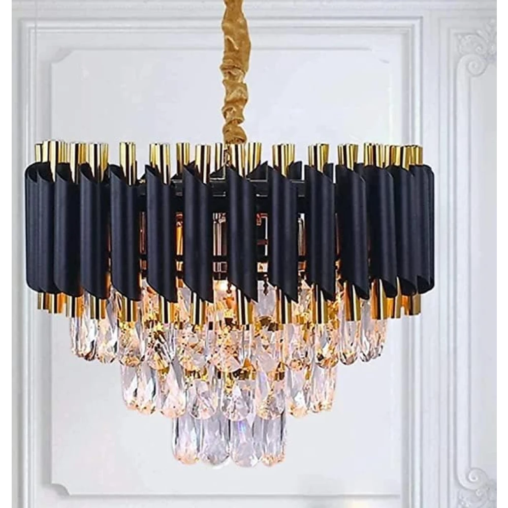SHRI MAHAL ANTIQUES 300 MM Black Mamra Crystal Chandelier Light for Living Room Bed Room Hall Chandelier Ceiling Lamp (Gold, Black)