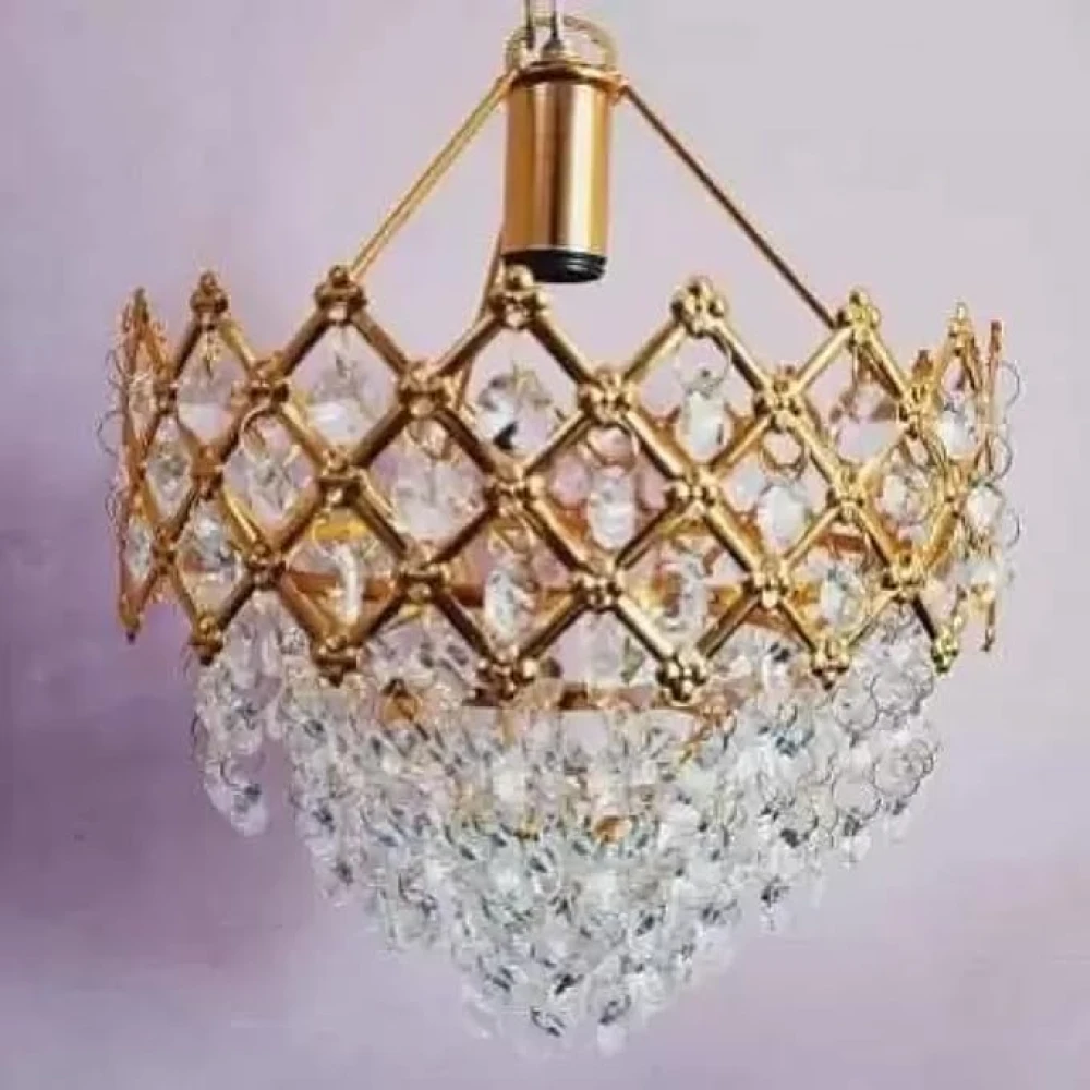 SHRI MAHAL ANTIQUES Round Crystal Chandelier Hanging Lamp (Gold) (250mm),Corded Electric