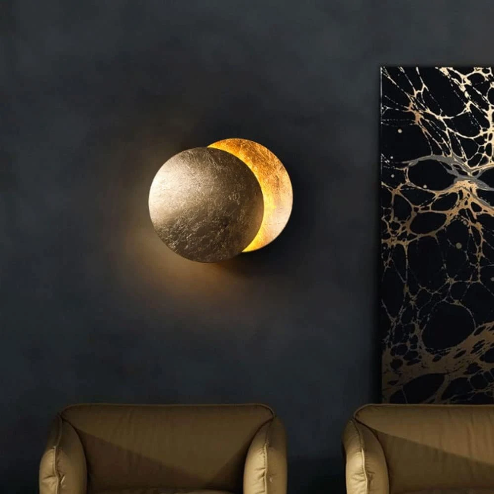 SHRI MAHAL ANTIQUES Indoor Wall Light Round Gold Copper Living Room Creative Moon Concept Solar Eclipse Wall Lamp Nordic Aisle Stairs Bedroom Bedside Sconces Hallway Corridor Lighting, 25cm