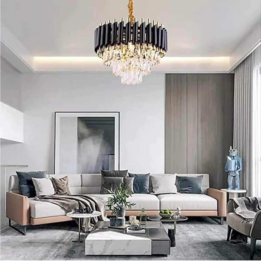 SHRI MAHAL ANTIQUES 300 MM Black Mamra Crystal Chandelier Light for Living Room Bed Room Hall Chandelier Ceiling Lamp (Gold, Black)