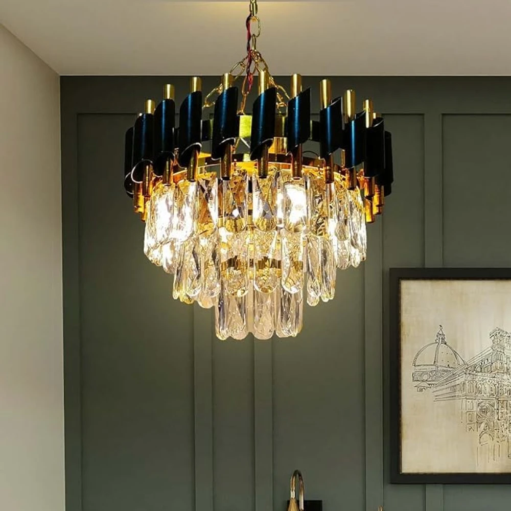 SHRI MAHAL ANTIQUES Stunning Crystal Chandelier | Jhoomer for Home Decoration | Chandelier for Home & Office | Black & Golden | (Bulbs Included)