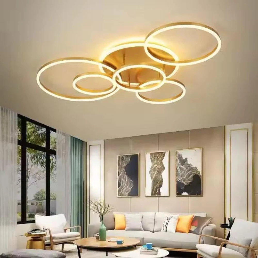 PRMOAGEN 5 Light Golden Body Modern LED Ring Chandelier for Dining Living Room Lamp - Warm White