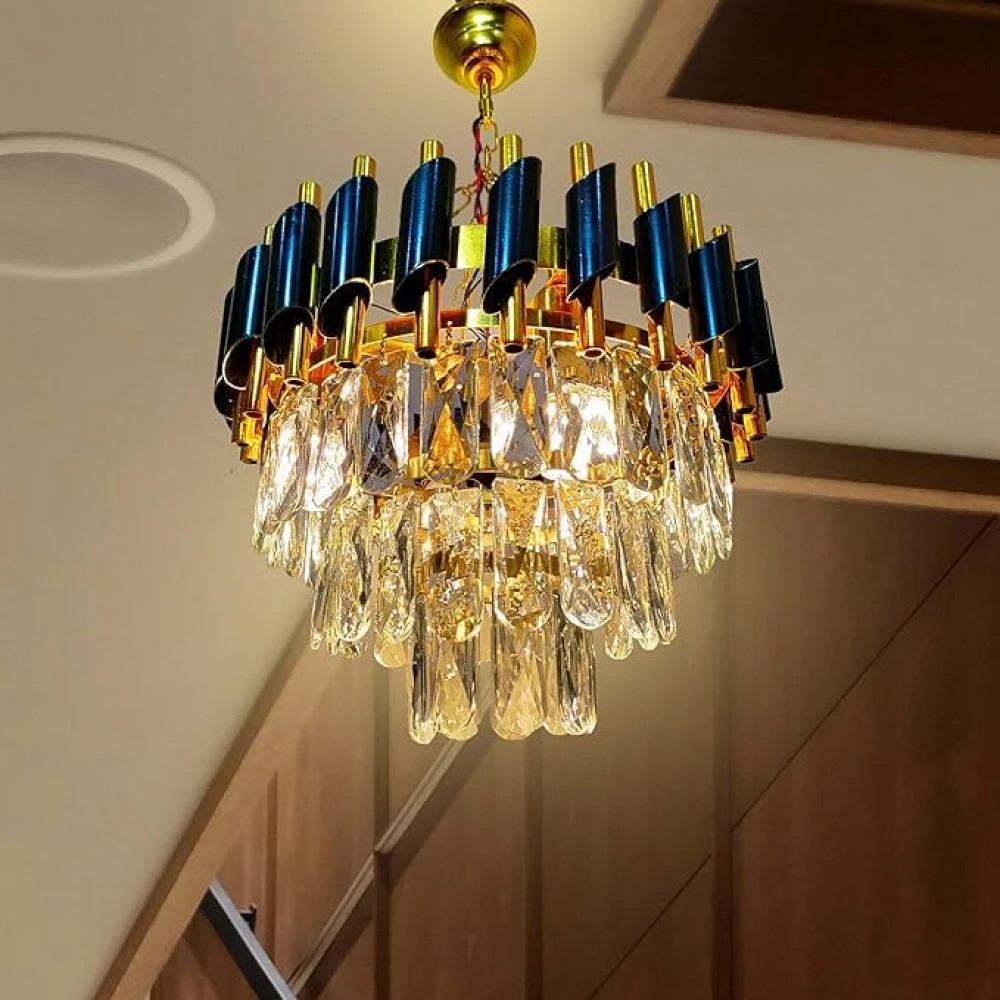 SHRI MAHAL ANTIQUES Stunning Crystal Chandelier | Jhoomer for Home Decoration | Chandelier for Home & Office | Black & Golden | (Bulbs Included)